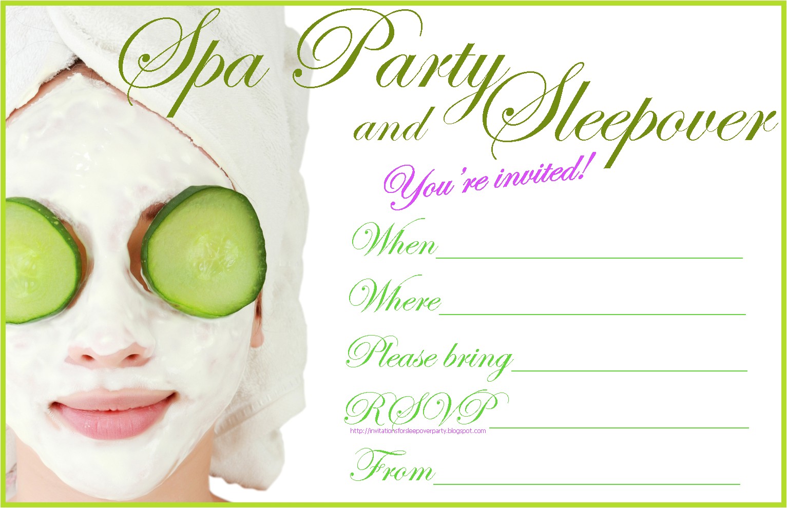 Free Printable Spa Birthday Invitations Invitations for Sleepover Party