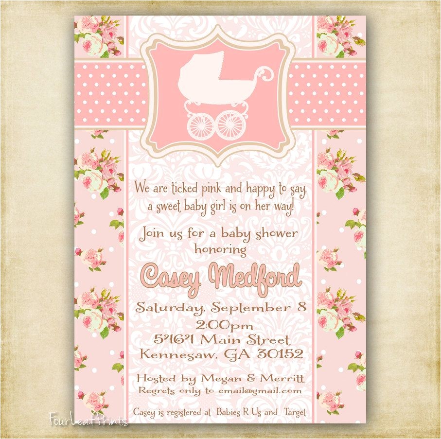 Free Printable Vintage Baby Shower Invitations Pink Shabby Chic Vintage Baby Carriage Baby Shower