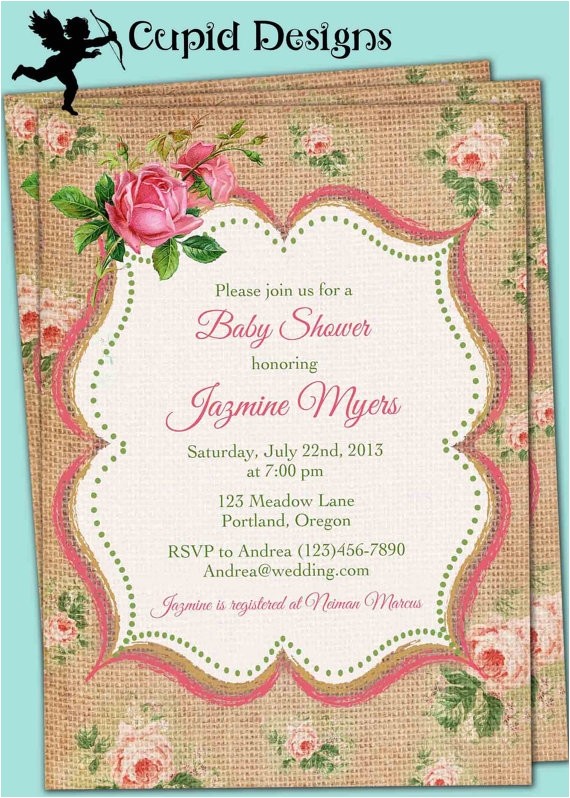 French Country Bridal Shower Invitations Vintage Elegant French Linen Burlap Rustic Country Roses