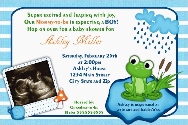 Frog themed Baby Shower Invitations Frog Baby Shower theme Ideas