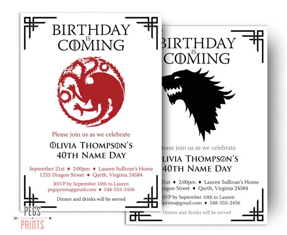 Game Of Thrones Birthday Invitation Dragon Birthday Invitation Wolf Birthday Invitation