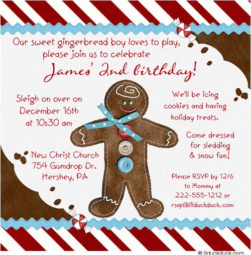 Gingerbread Man Birthday Party Invitations Little Gingerbread Man Birthday Invitation Cookie Candy Cane