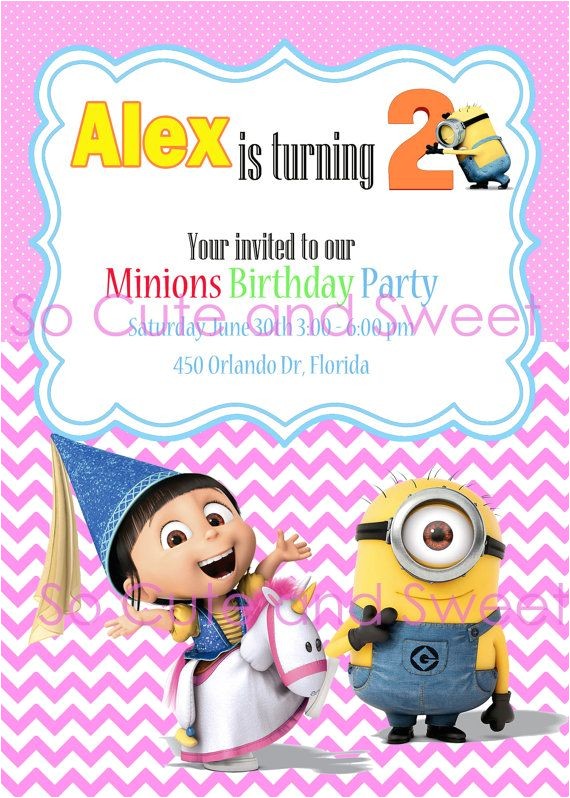 Girl Minion Birthday Party Invitations Despicable Me 2 Birthday Party Printable Invitation Girl