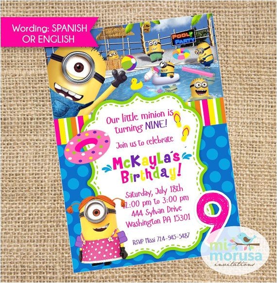 Girl Minion Party Invitations Girl Minions Pool Party Printable Invitation Birthday Girl Minion Party Invitations Girl Minions Pool Party Printable Invitation Birthday