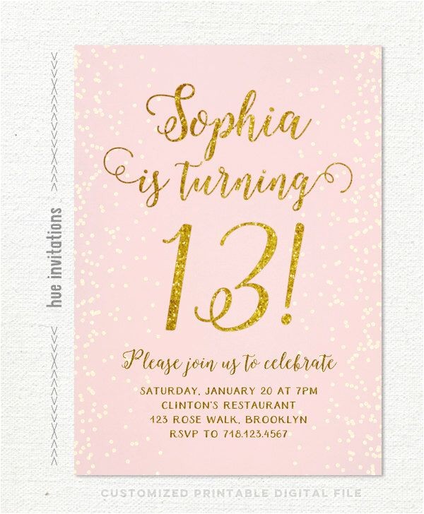 Girls 13th Birthday Party Invitations 13th Birthday Invitation for Girl Pink Gold Teen Birthday