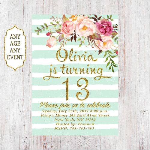 Girls 13th Birthday Party Invitations Floral Birthday Invitation 13th Birthday Invitations Girl