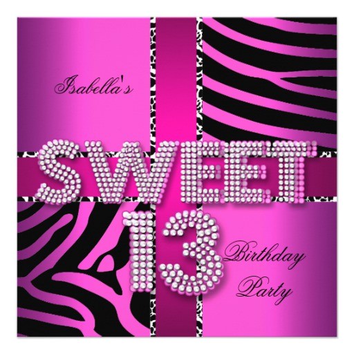 Girls 13th Birthday Party Invitations Sweet 13 13th Birthday Zebra Cow Pink Black Personalized