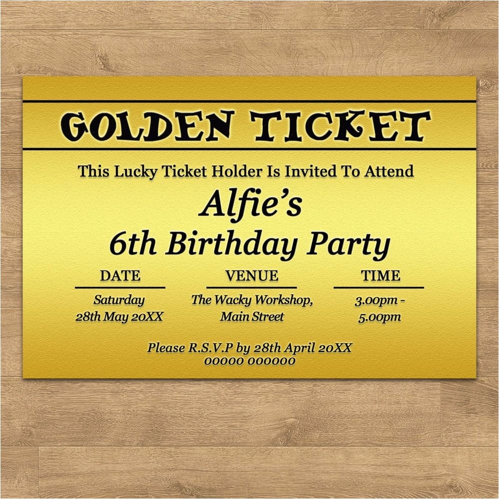 Golden Birthday Invitations Kids Personalised Golden Ticket Childrens Kids Birthday Party