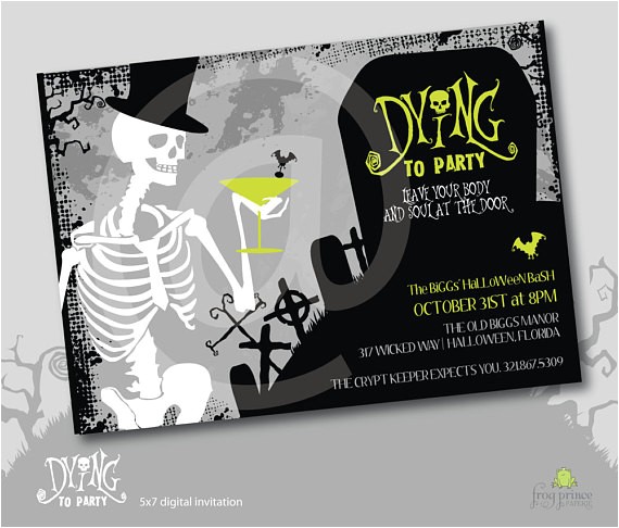 Halloween Birthday Party Custom Invitations Skeleton Dying to Party Halloween Custom Invitation Diy
