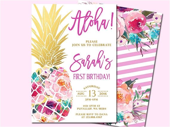 Hawaiian First Birthday Invitations Pineapple Birthday Invitation Tropical Aloha by