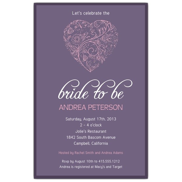 Heart Bridal Shower Invitations Heart Purple Bridal Shower Invitations