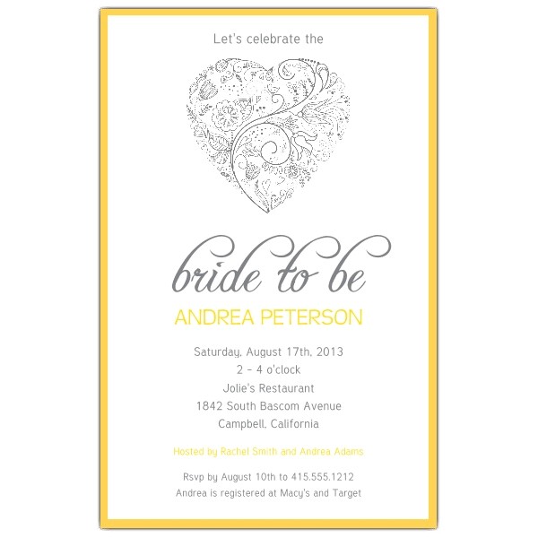 Heart Bridal Shower Invitations Heart Yellow Bridal Shower Invitations