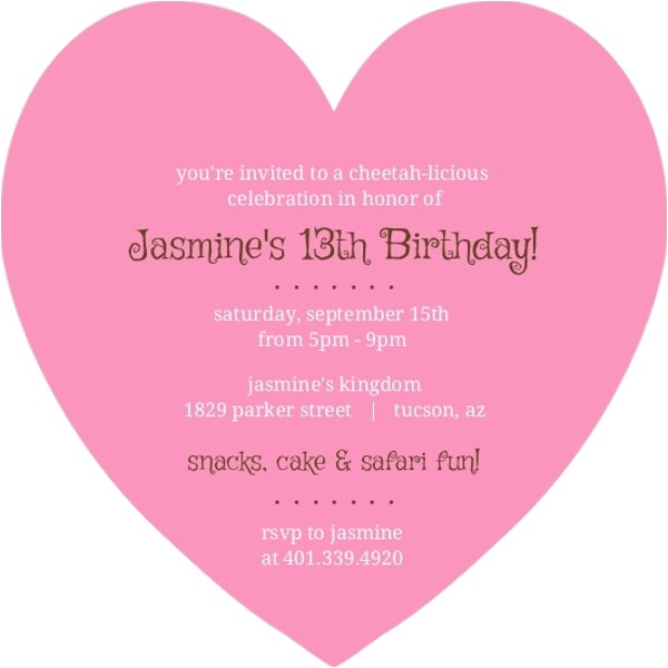 Heart Shaped Birthday Invitations Pink and Brown Cheetah Safari Birthday Invitation Teen