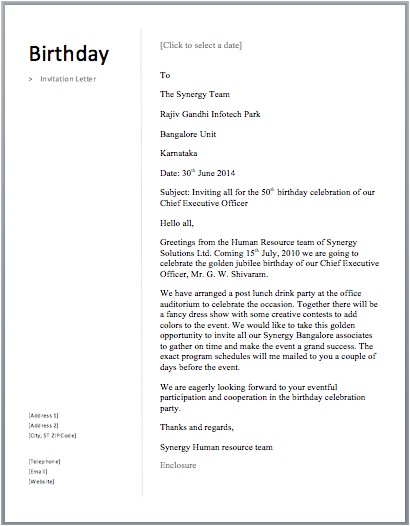 Informal Invitation Letter to A Birthday Party Birthday Invitation Letter Free Sample Letters