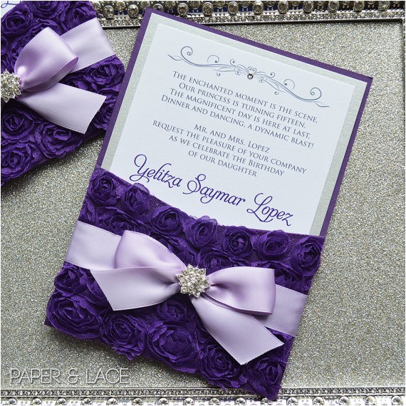 Invitation for A Quinceanera Purple Rosette Quince Invitation Purple and Silver Swarovski