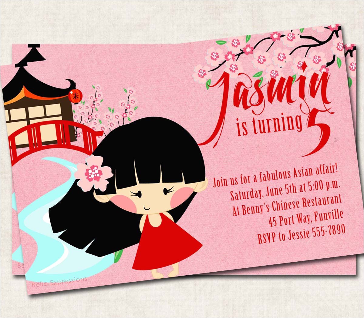 Japanese themed Party Invitations asian Birthday Party Invitation Pink Red by
