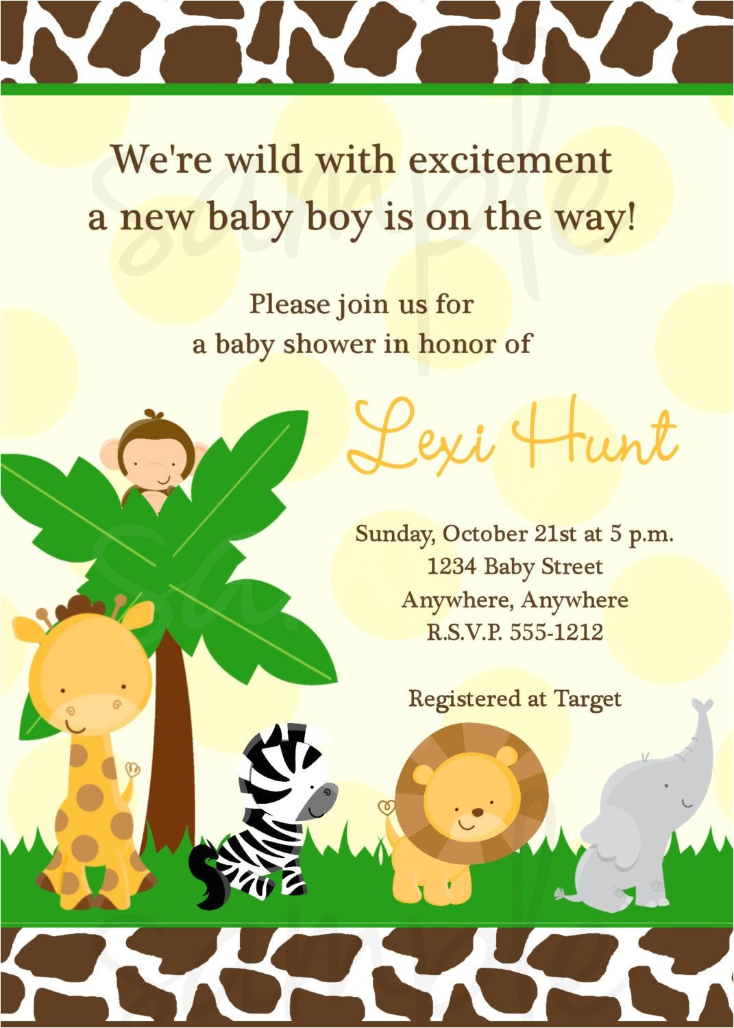 Jungle theme Baby Shower Invitation Templates Baby Shower Invitations Safari theme Wording