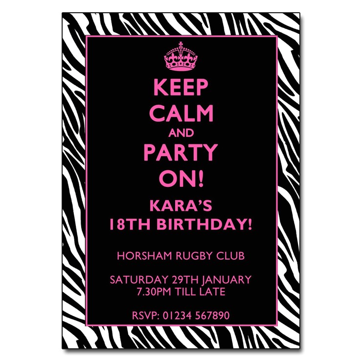 Keep Calm and Party On Invitations Keep Calm Party On Zebra Print Invitation