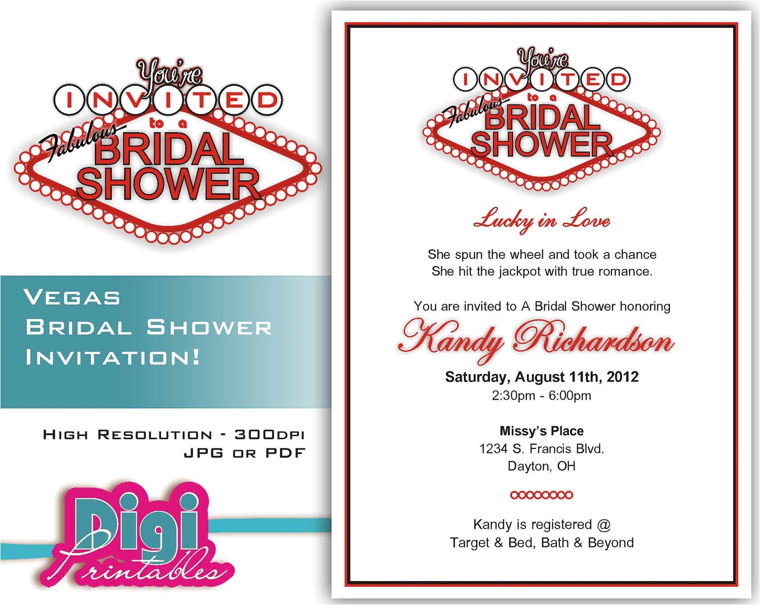 Las Vegas themed Bridal Shower Invitations Bridal Shower Invitation Las Vegas Digital Download Diy