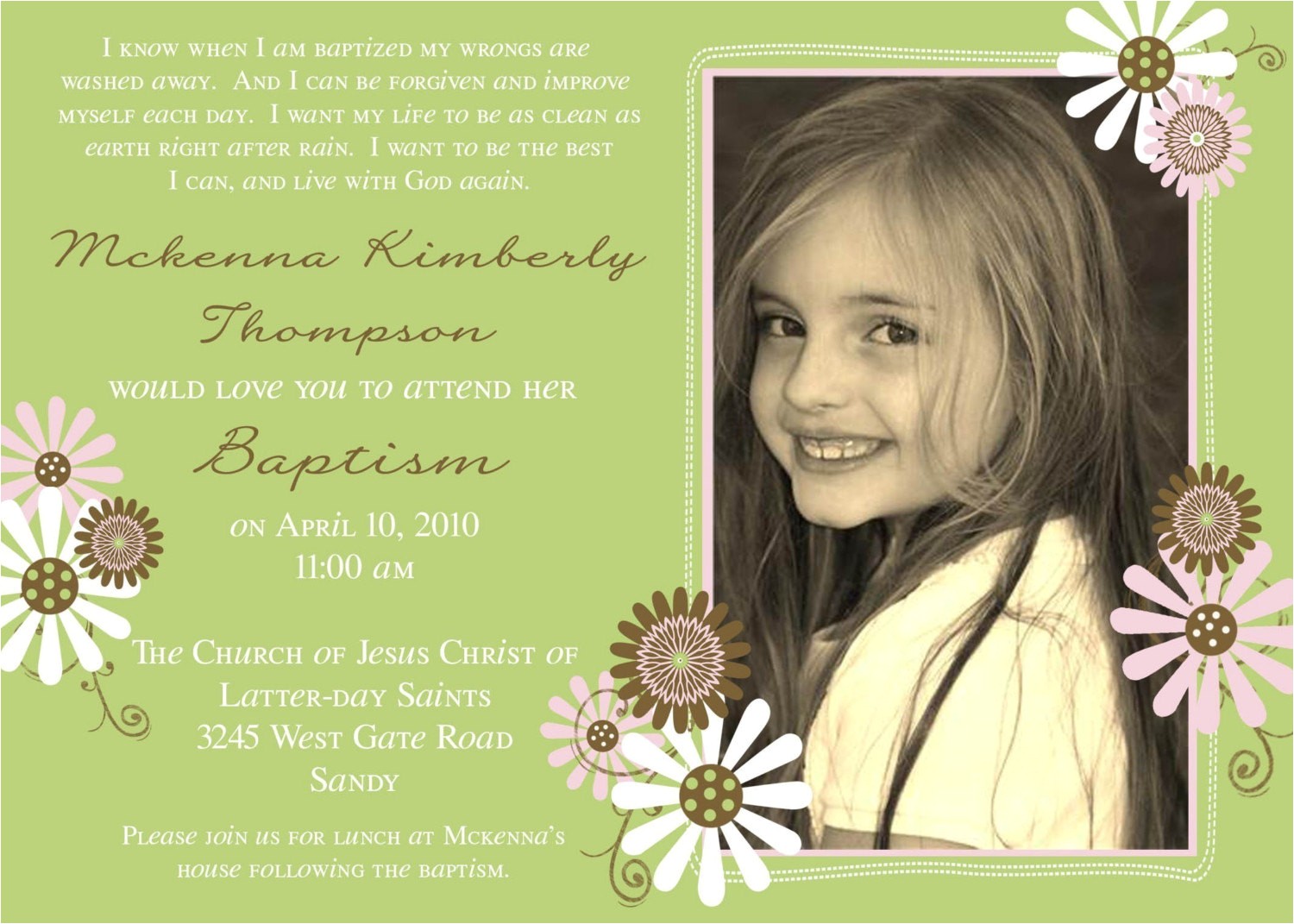 Lds Baptism Invite Lds Baptism Invitation Flowers