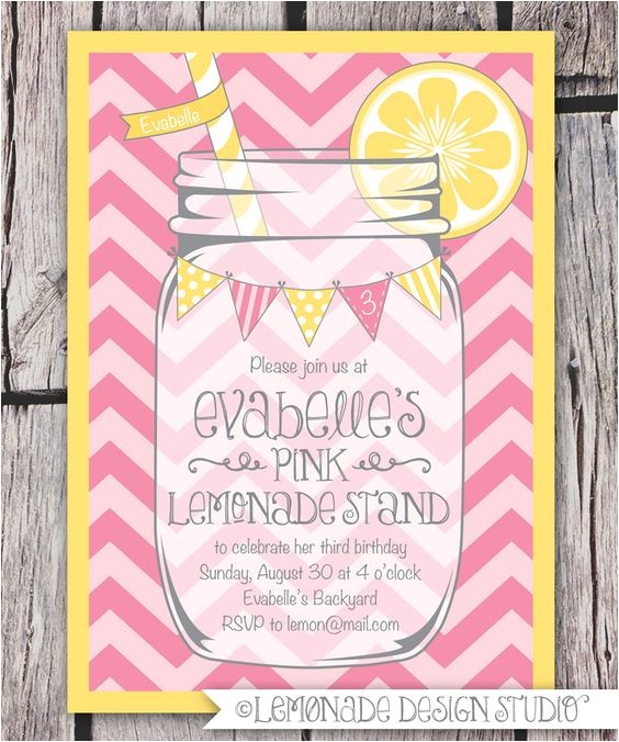 Lemonade Birthday Party Invitations Mason Jar and Chevrons Invitation Printable Pink