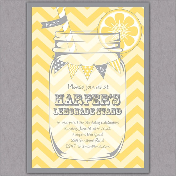 Lemonade Stand Birthday Party Invitations Lemonade Stand Party Invitation Yellow Chevrons Mason Jar