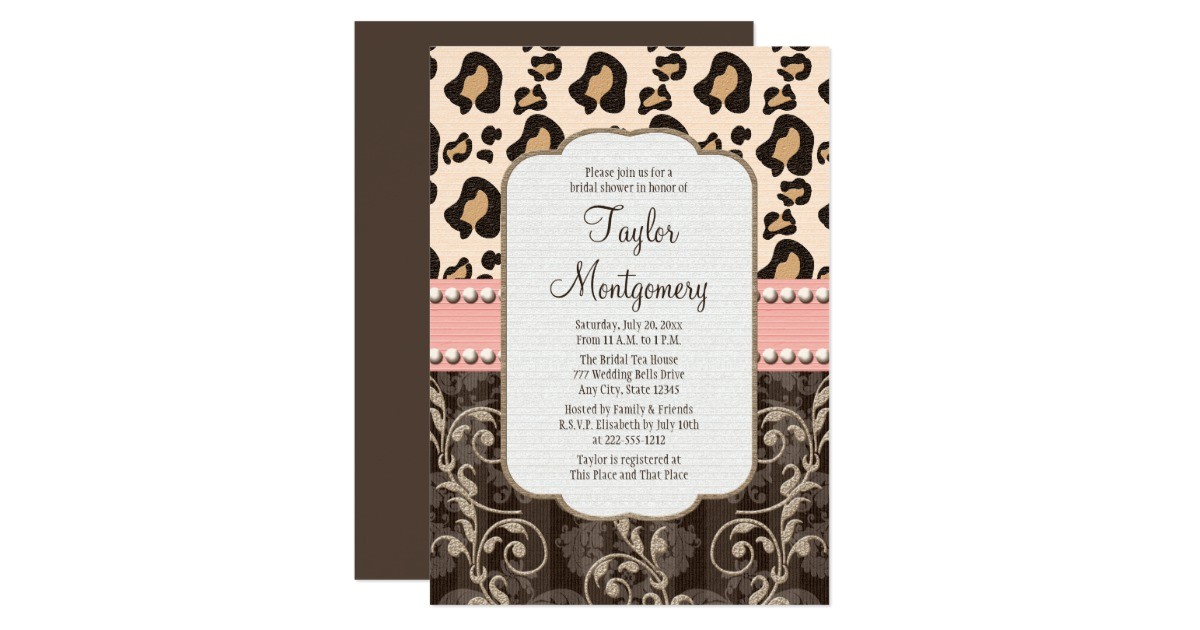 Leopard Bridal Shower Invitations Pink Pearl Leopard Print Bridal Shower Invitations
