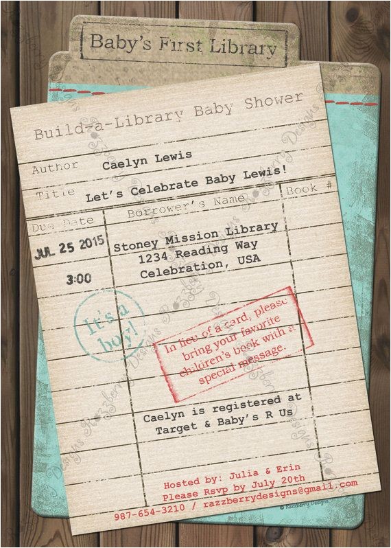 Library themed Baby Shower Invitations Library Card Baby Shower Invitation Book theme by
