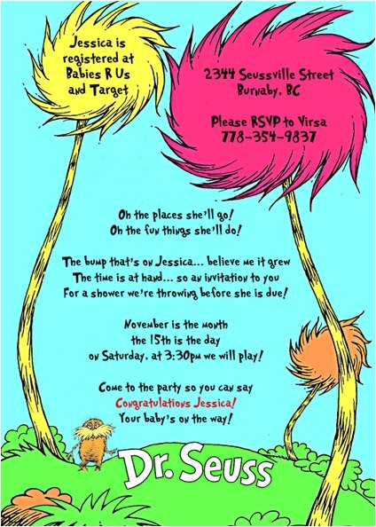 Lorax Baby Shower Invitations Dr Seuss Lorax and Tree Baby Shower Custom Invitation