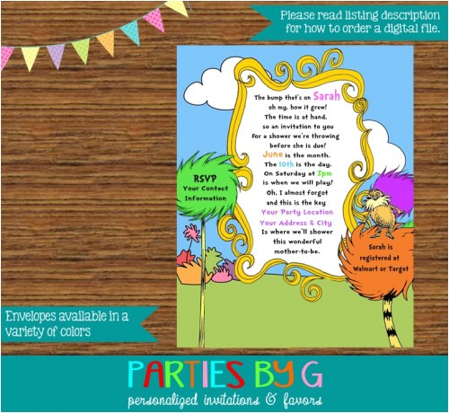 Lorax Baby Shower Invitations Dr Seuss Lorax Baby Shower Party Invitations Personalized
