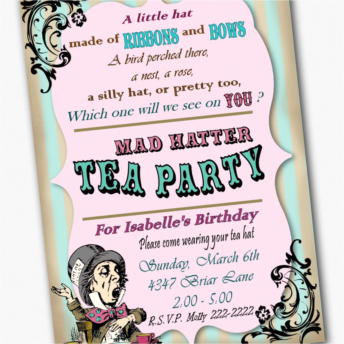 Mad Hatter Tea Party Birthday Invitations Mad Hatter Invitation Birthday Tea Party Custom by