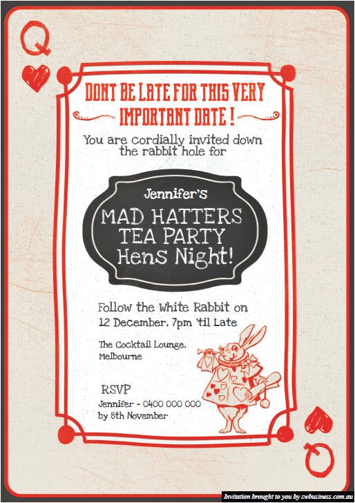 Mad Hatter Tea Party Birthday Invitations Mad Hatters Tea Party Hens Invites
