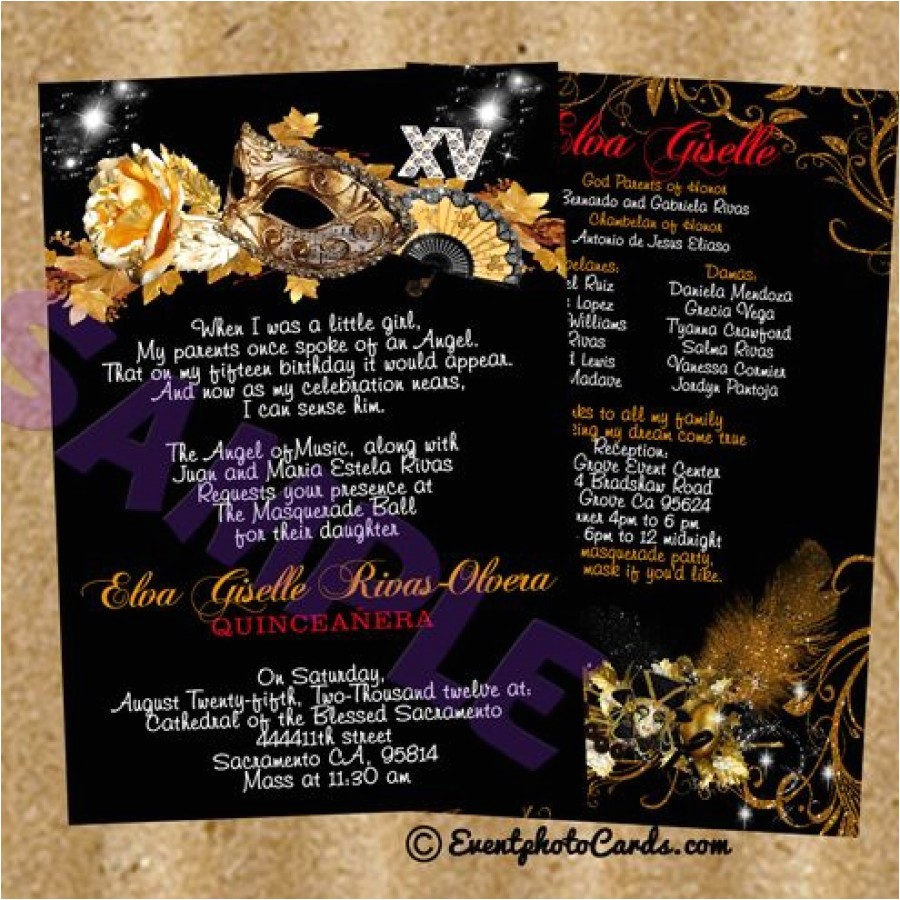 Masquerade themed Quinceanera Invitations Gold Mask Black Shimmer Sweet 15 Birthday Invitations
