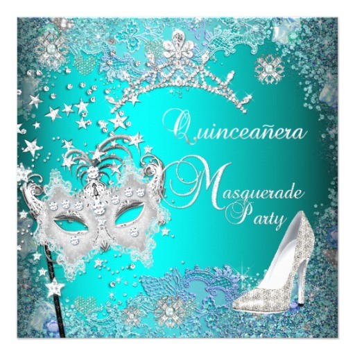 Masquerade themed Quinceanera Invitations Teal Masquerade Quinceanera 15th Party Tiara Shoe 5 25×5