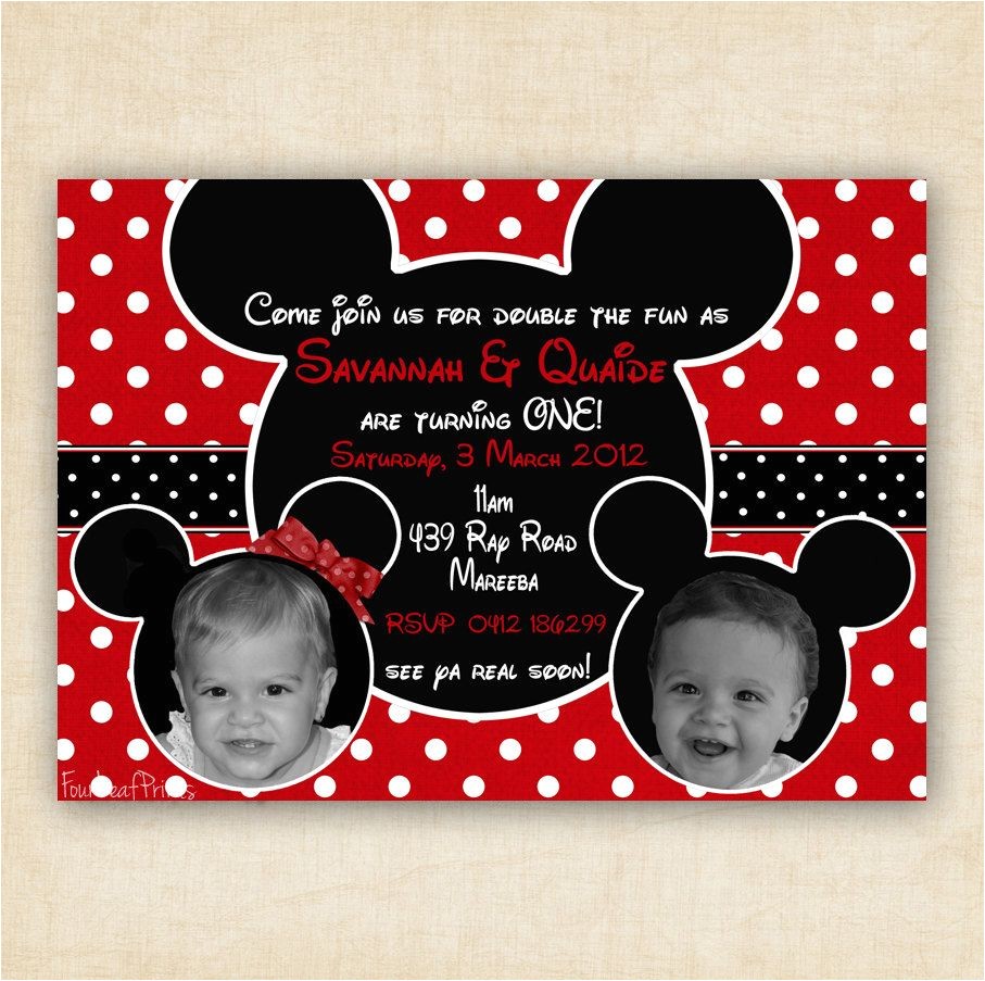 Mickey and Minnie Mouse Birthday Invitations for Twins Mickey and Minnie Mouse Twin Birthday Party Invitation