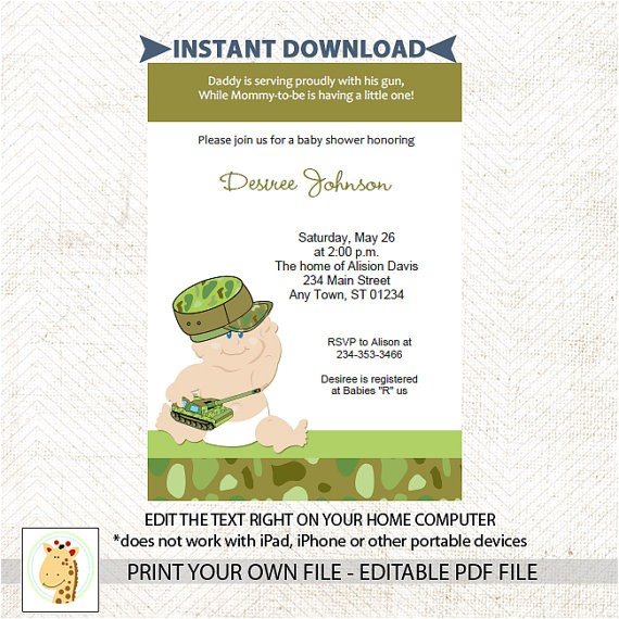 Military Baby Shower Invitations Army Baby Military Baby Shower or Birthday Invitations