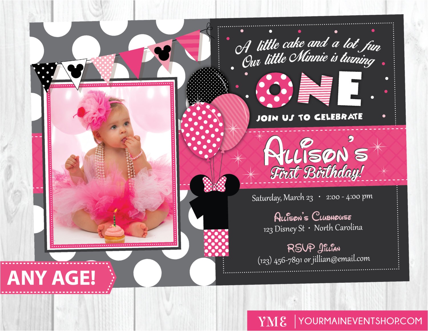 Minnie Mouse 1st Birthday Photo Invitations Minnie Mouse Birthday Invitation Minnie Mouse Inspired