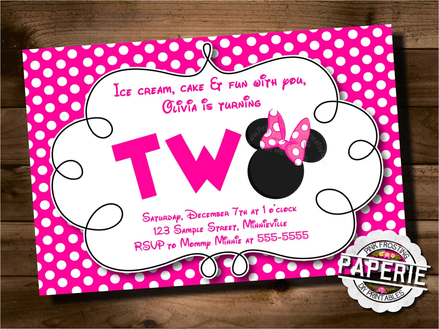 Minnie Mouse 2nd Birthday Invitations Template Pink Polka Dot Minnie Mouse Second Birthday Invitation Minnie