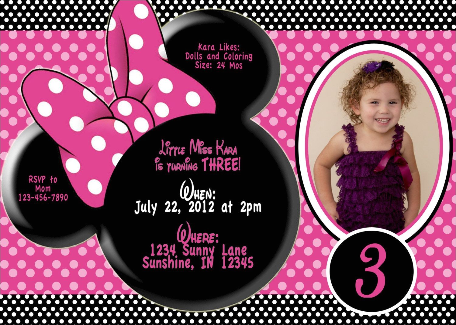 Minnie Mouse 3rd Birthday Invitations Katey Lee is Turning 3 Pic with 3 at Bottom Minnie Mouse 3rd Birthday Invitations Katey Lee is Turning 3 Pic with 3 at Bottom