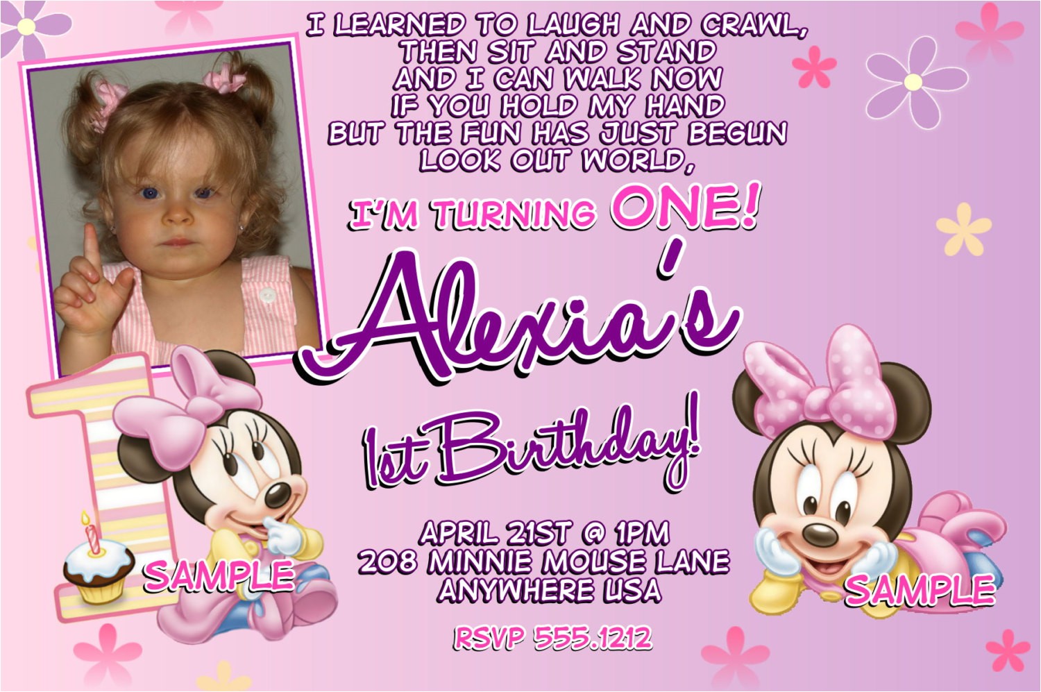 Minnie Mouse First Birthday Invitations Wording Minnie Mouse 1st Birthday Invitations Printable Digital File