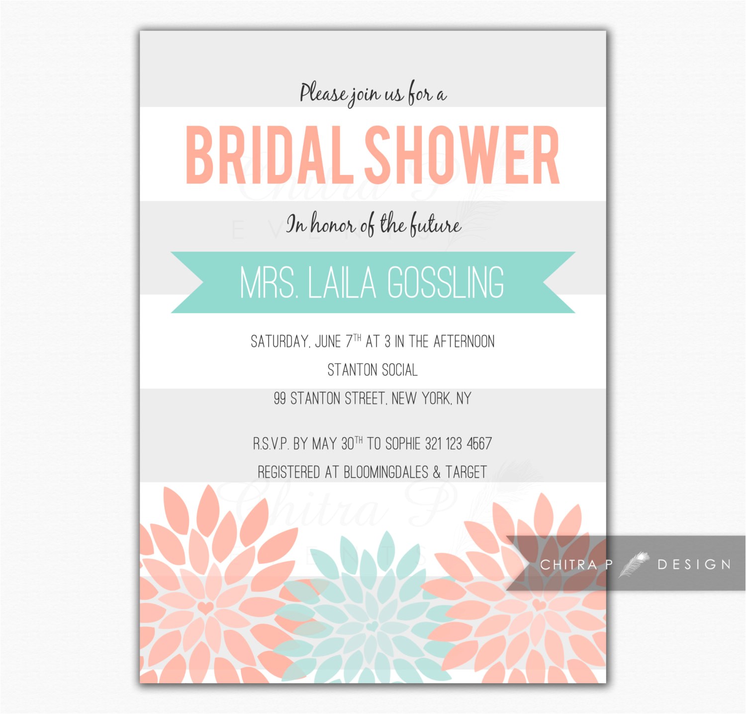Mint and Coral Bridal Shower Invitations Coral Mint Bridal Shower Invitation Printed Baby by Chitrap