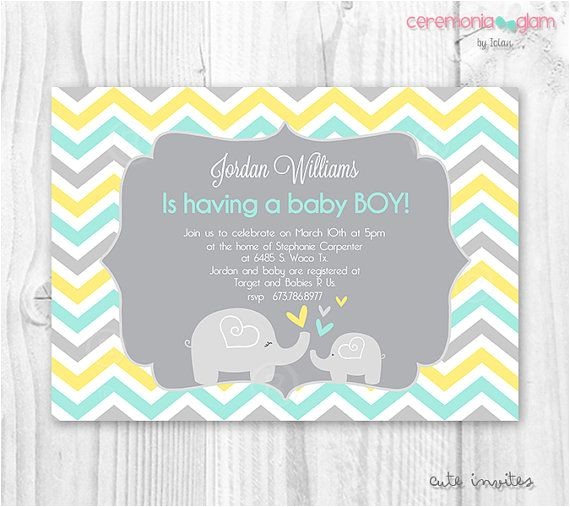 Mint Green and Yellow Baby Shower Invitations Baby Shower Elephant Invitation Chevron Yellow by