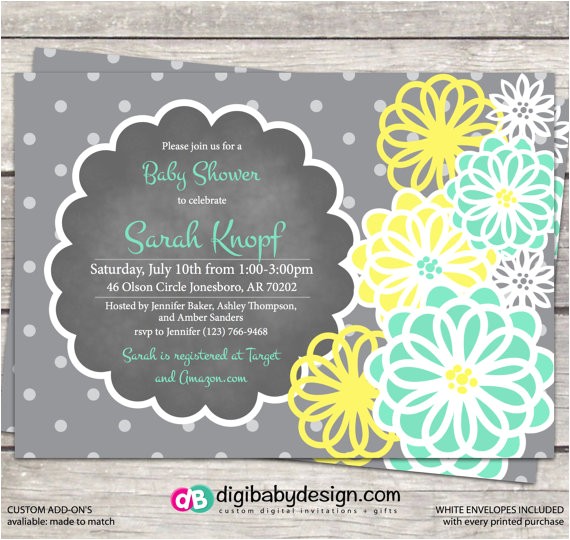 Mint Green and Yellow Baby Shower Invitations Baby Shower Invitation In Teal Mint Green Yellow and Grey