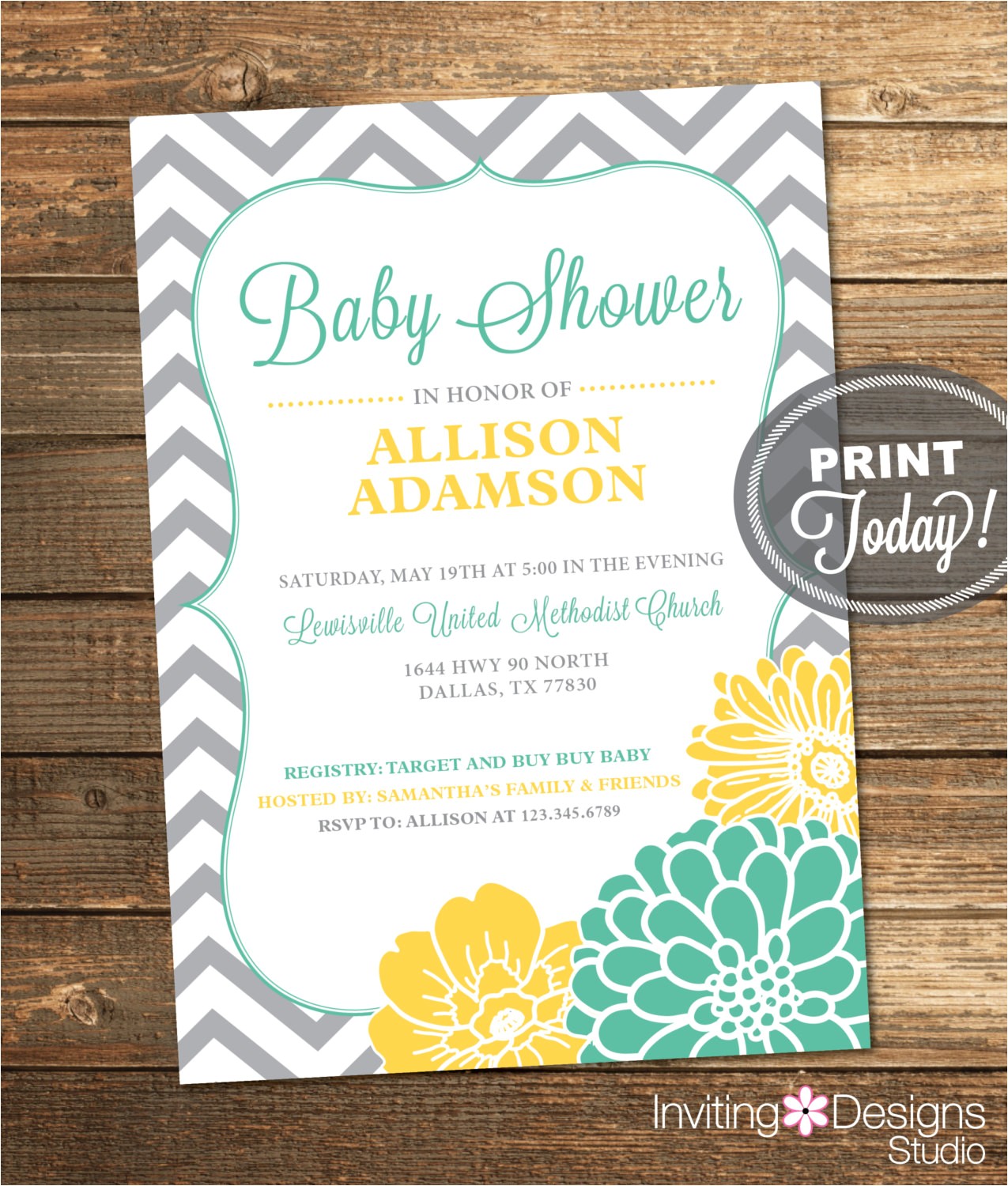 Mint Green and Yellow Baby Shower Invitations Neutral Baby Shower Invitation Mint Green Yellow Gray