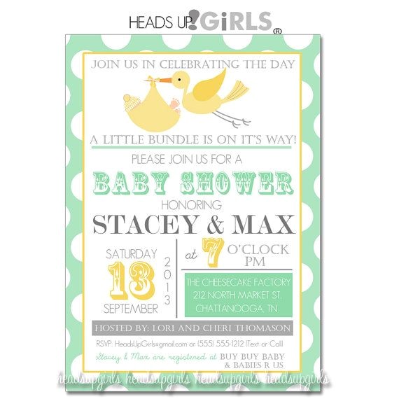 Mint Green and Yellow Baby Shower Invitations Personalized Yellow and Mint Green Stork Baby Shower