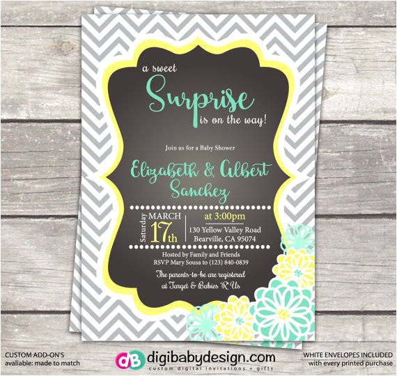 Mint Green and Yellow Baby Shower Invitations Surprise Gender Neutral Baby Shower Invitation In Mint