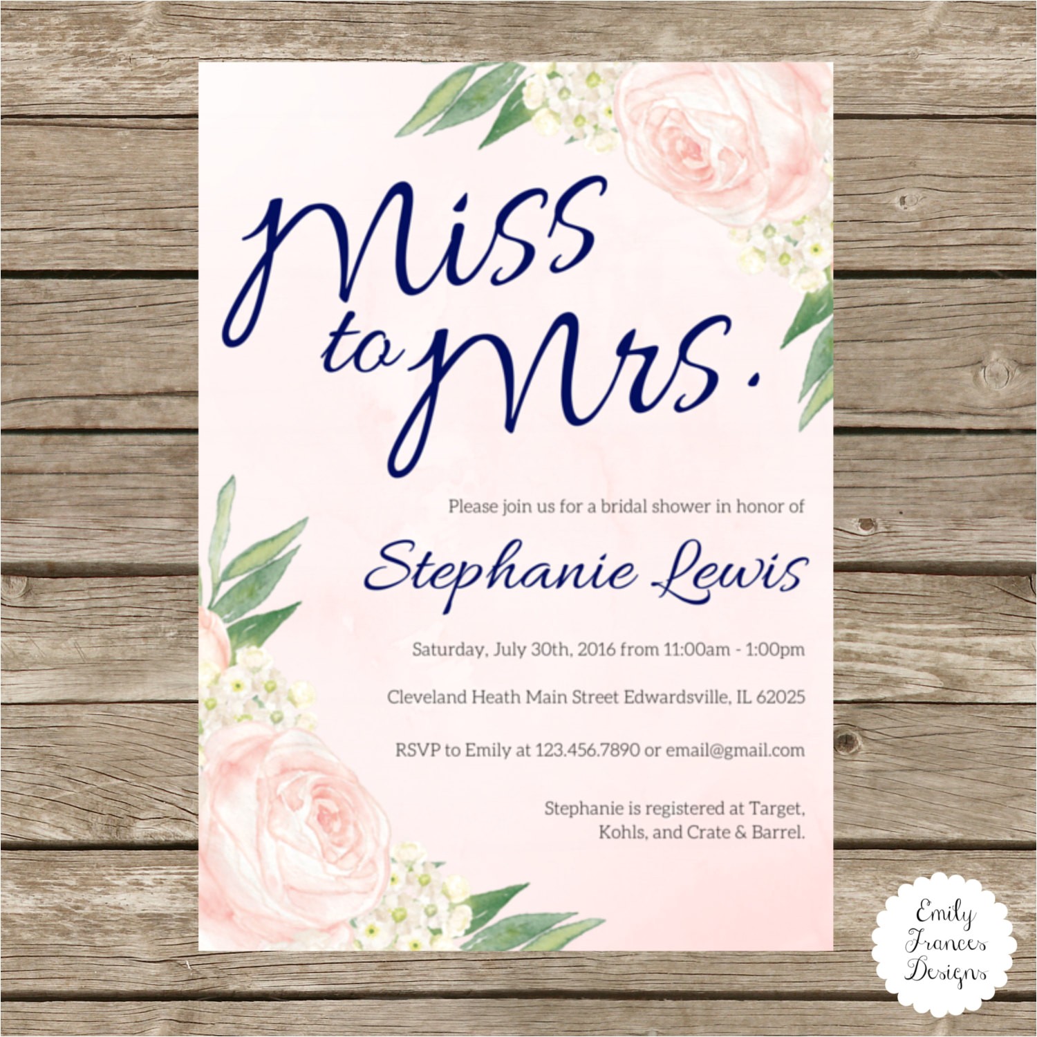 Miss to Mrs Bridal Shower Invitations Miss to Mrs Bridal Shower Invitation Blush Pink and Navy