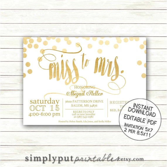 Miss to Mrs Bridal Shower Invitations Miss to Mrs Gold Bridal Shower Invitation Printable Wedding