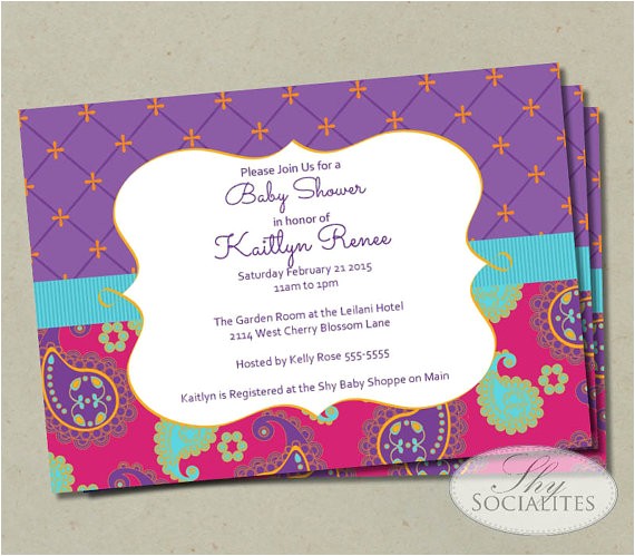 Moroccan Style Baby Shower Invitations Moroccan Baby Shower Invitation Fuchsia & Purple Paisley