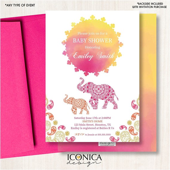 Moroccan Style Baby Shower Invitations Moroccan Baby Shower Invitation Watercolor Sunset Elephant